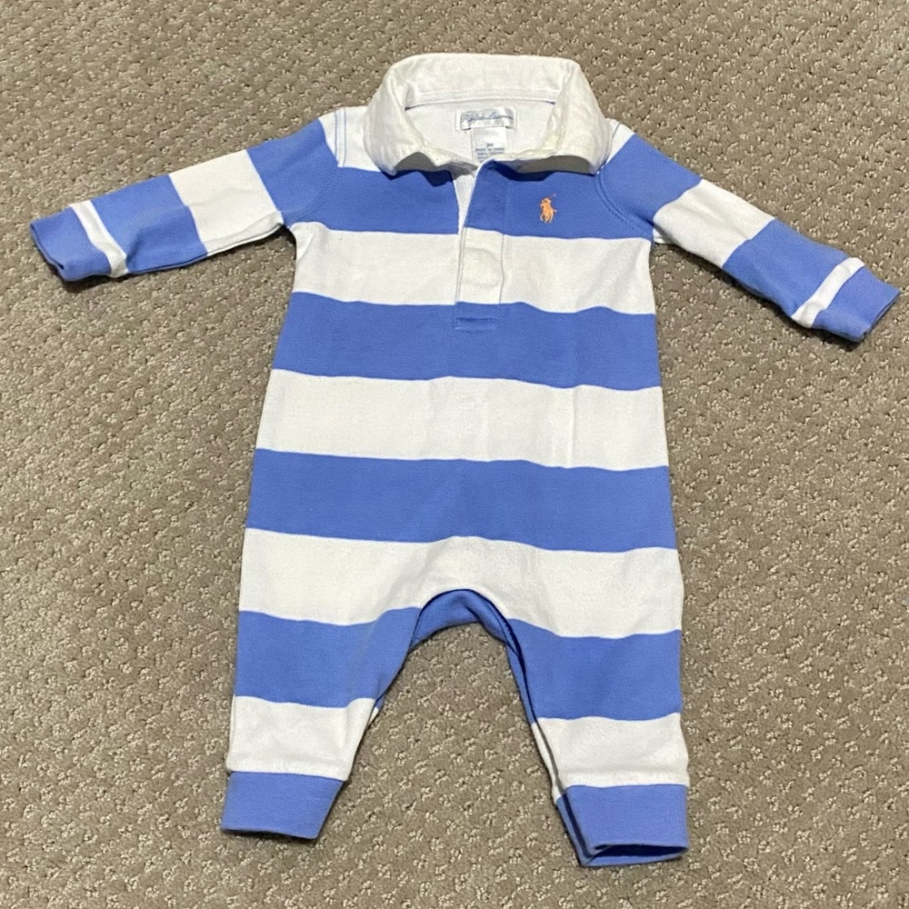Ralph Lauren Striped Rugby Coverall Summer Blue White 3 Months